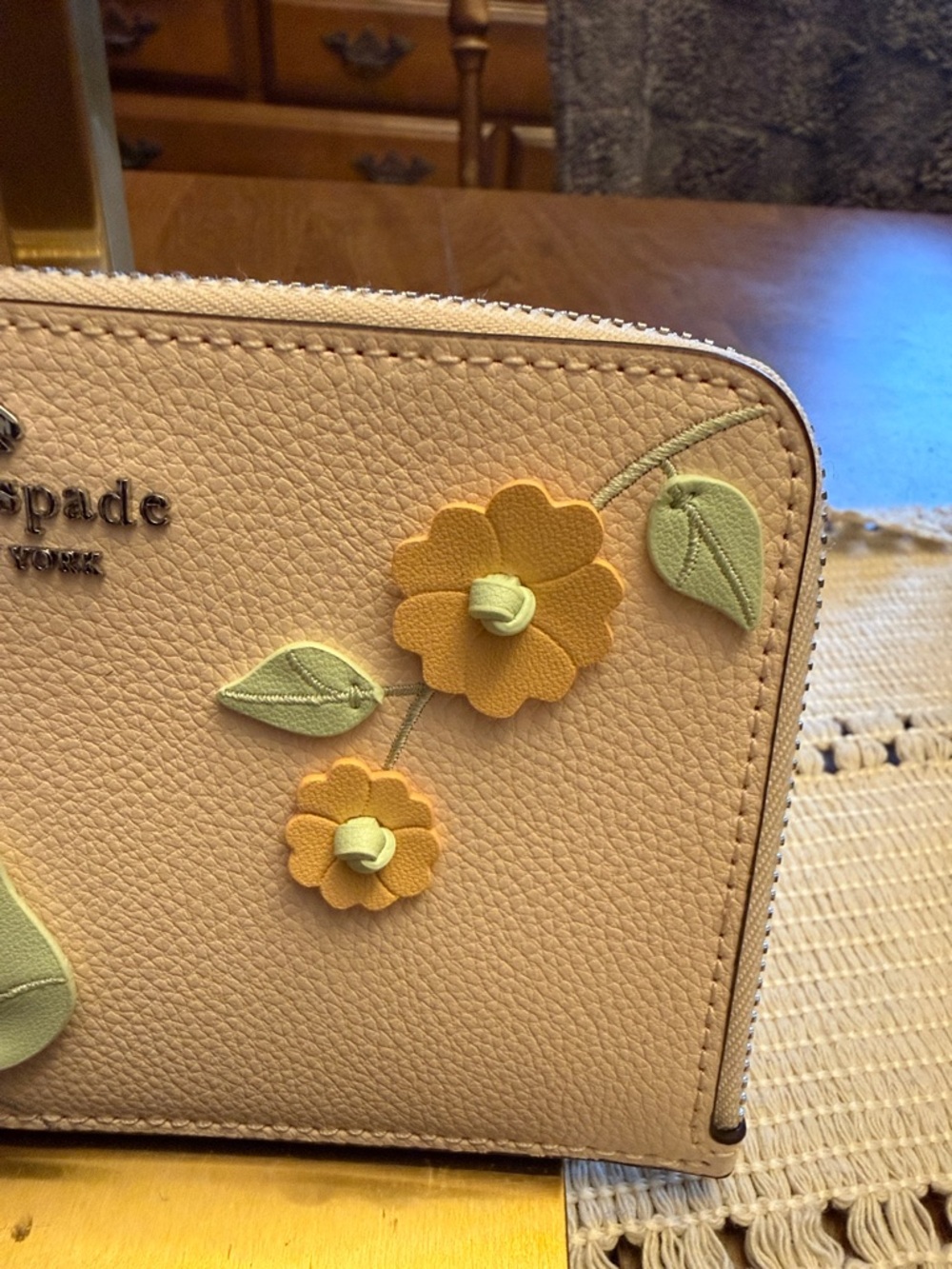 kate spade blush floral applique wristlet with green and yellow accents - Picture 3 of 10